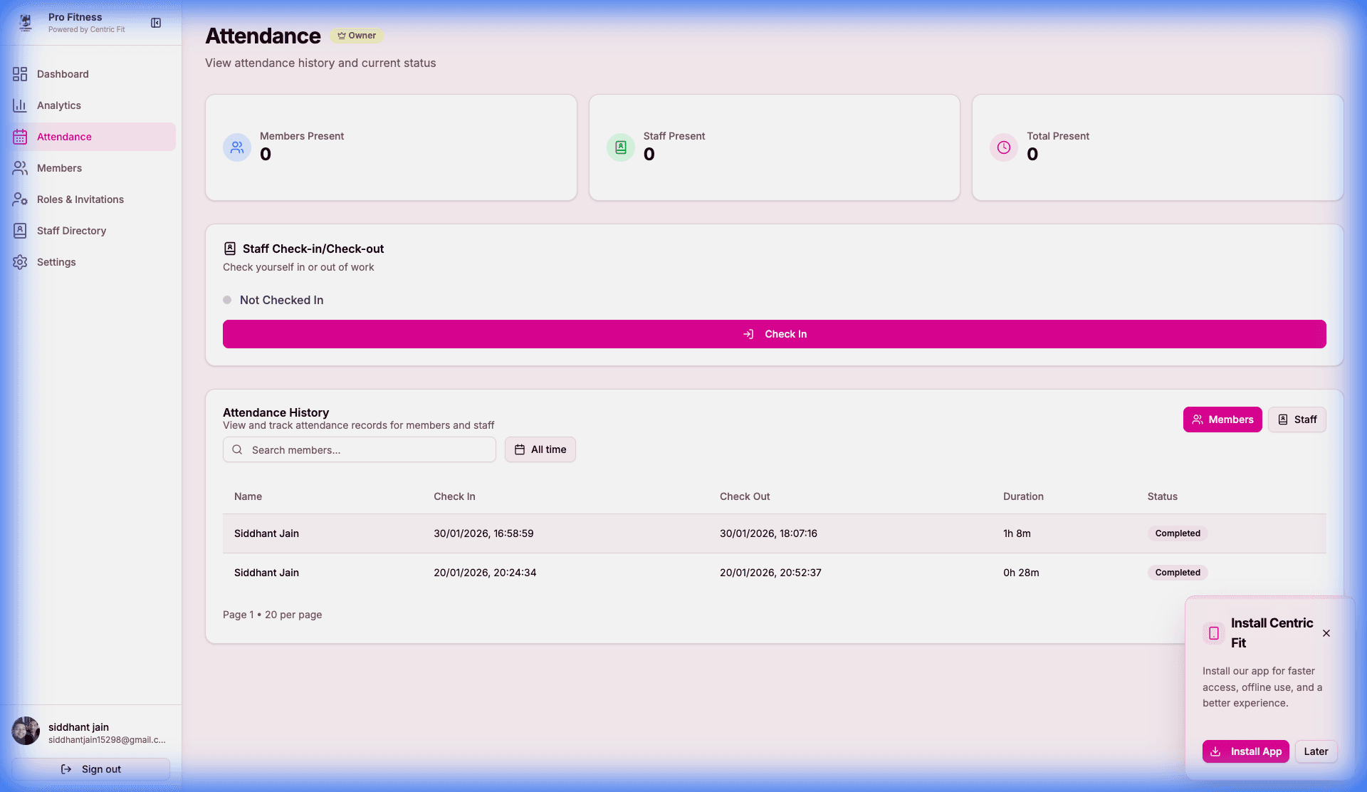 Attendance tracking interface with check-in history