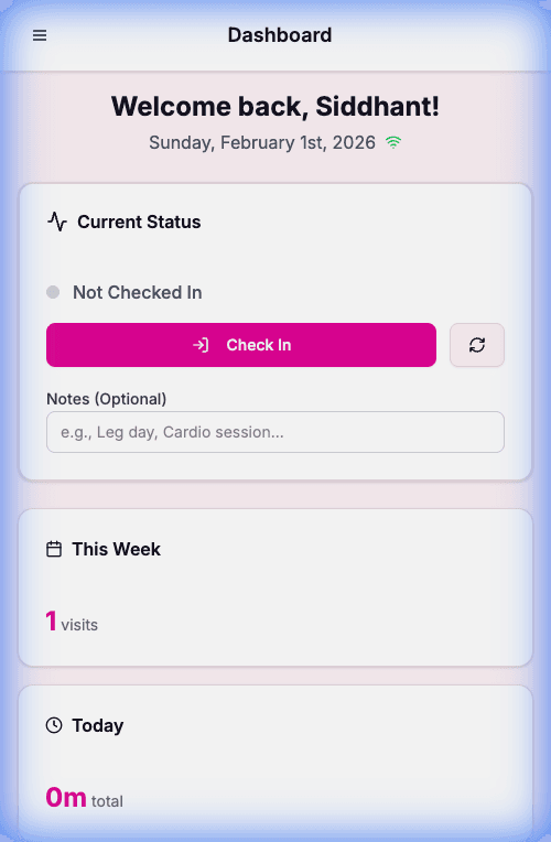 Member portal on mobile showing check-in interface